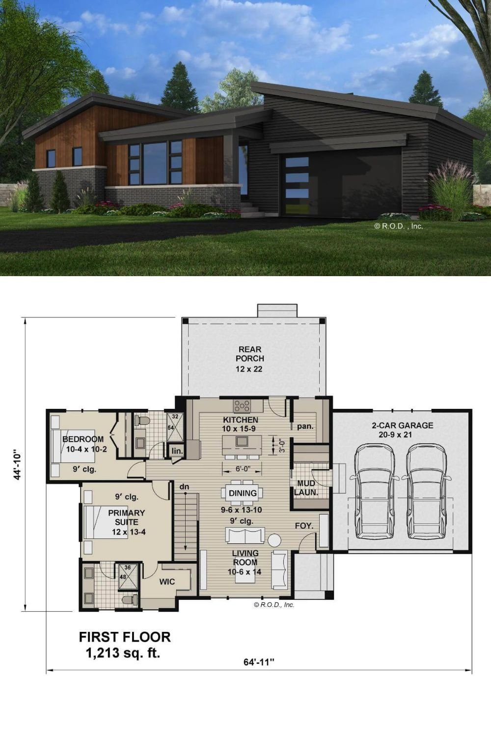This 2-bedroom modern mountain style home features a warm and inviting facade with natural wood siding, brick accents, and a covered entry porch lined by a sole column. A double front-facing garage accesses the home through the mudroom.