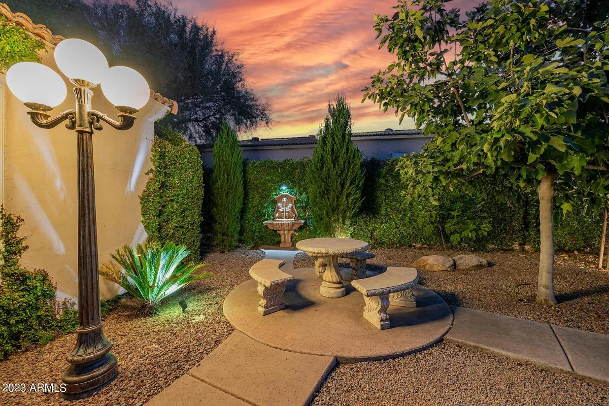Patio with plants and trees.