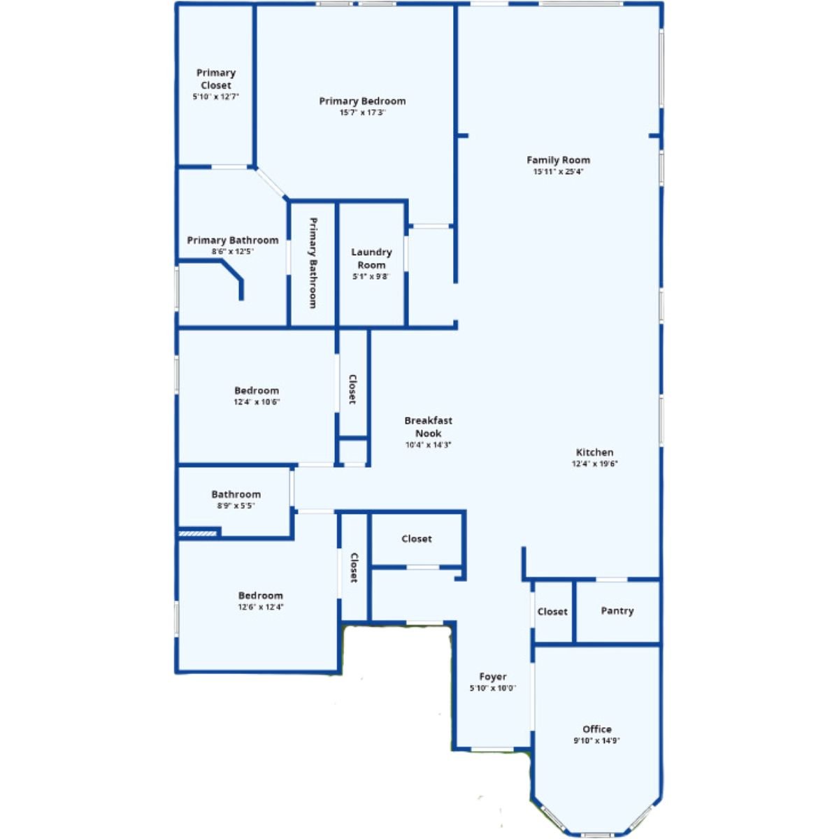 A floor plan with bedrooms, bathrooms, closets, a breakfast nook, kitchen, living room, family room, foyer, and office.