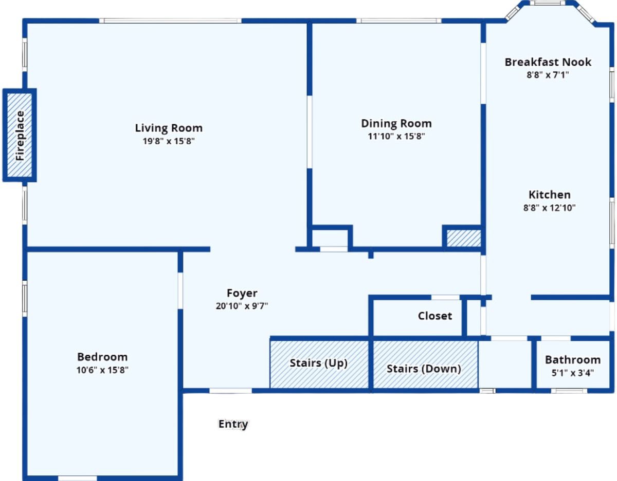 A first-floor plan with a living room, dining room, breakfast nook, kitchen, bedroom, foyer, closet, and bathroom.