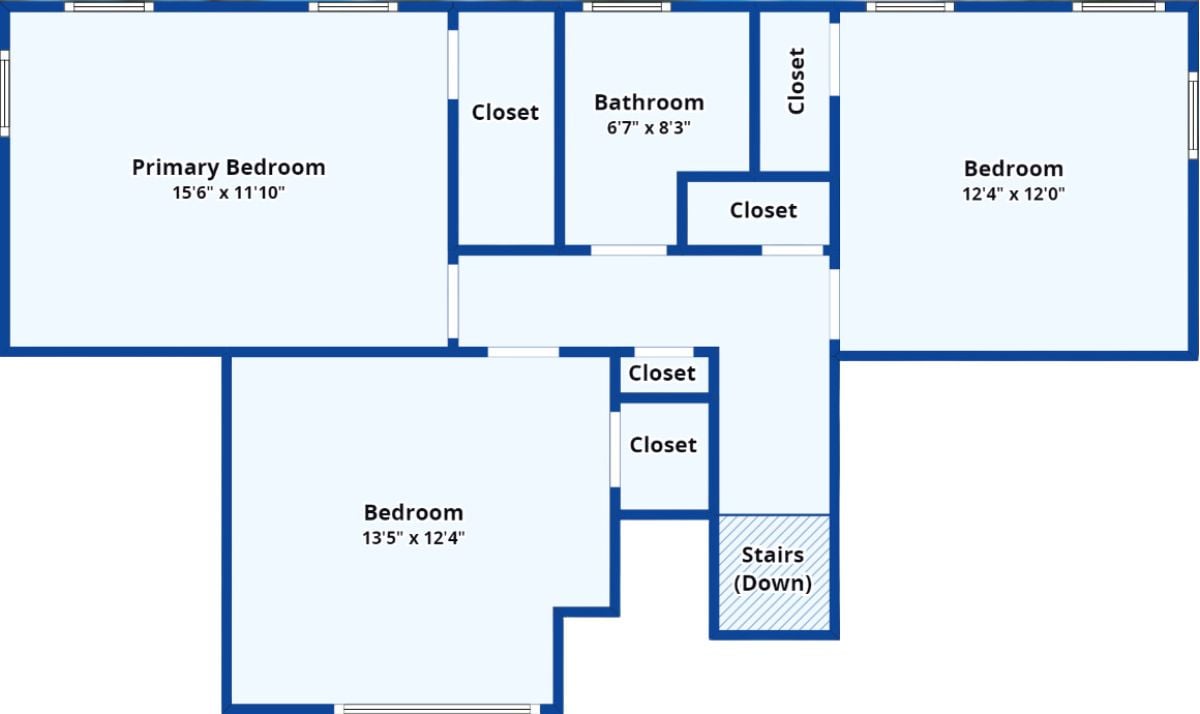 A second-floor plan with bedrooms, a bathroom, and closets.
