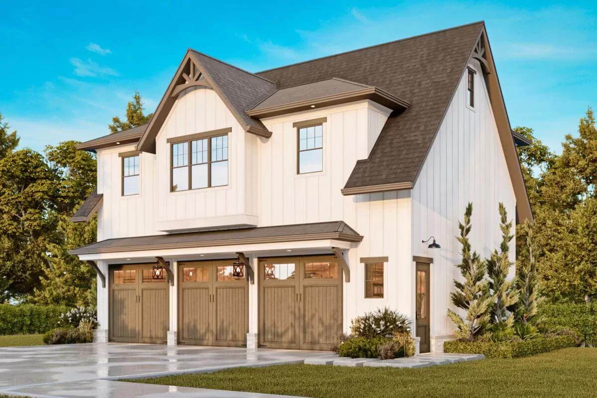 Rear-left view with a side entrance and a 3-car garage.