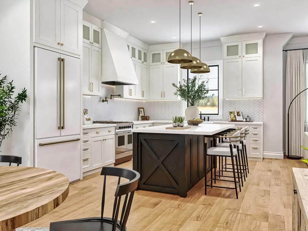 Kitchen with white cabinetry and a contrasting island.