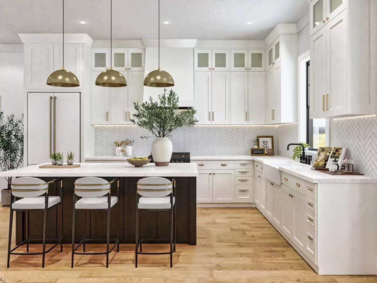 The kitchen includes white appliances and a farmhouse sink.