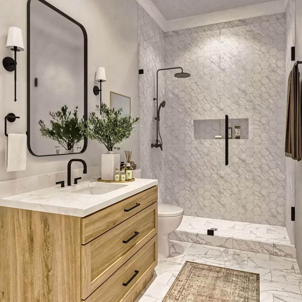 Bathroom with a wooden vanity and a tiled shower.