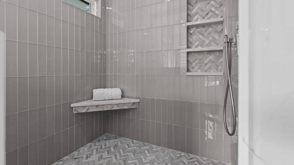 A bathroom with a shower.