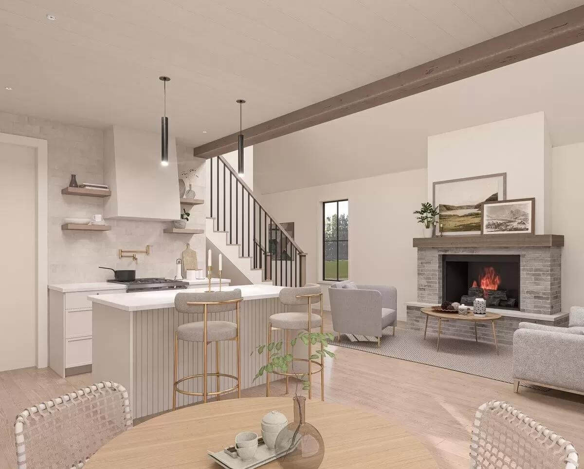 View of the kitchen and living room from the dining area.