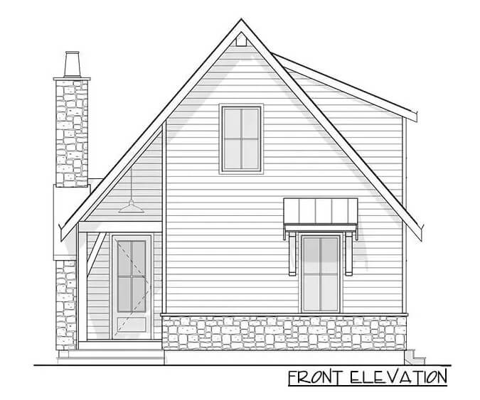 Front elevation sketch of the 3-bedroom mountain style two-story cottage.