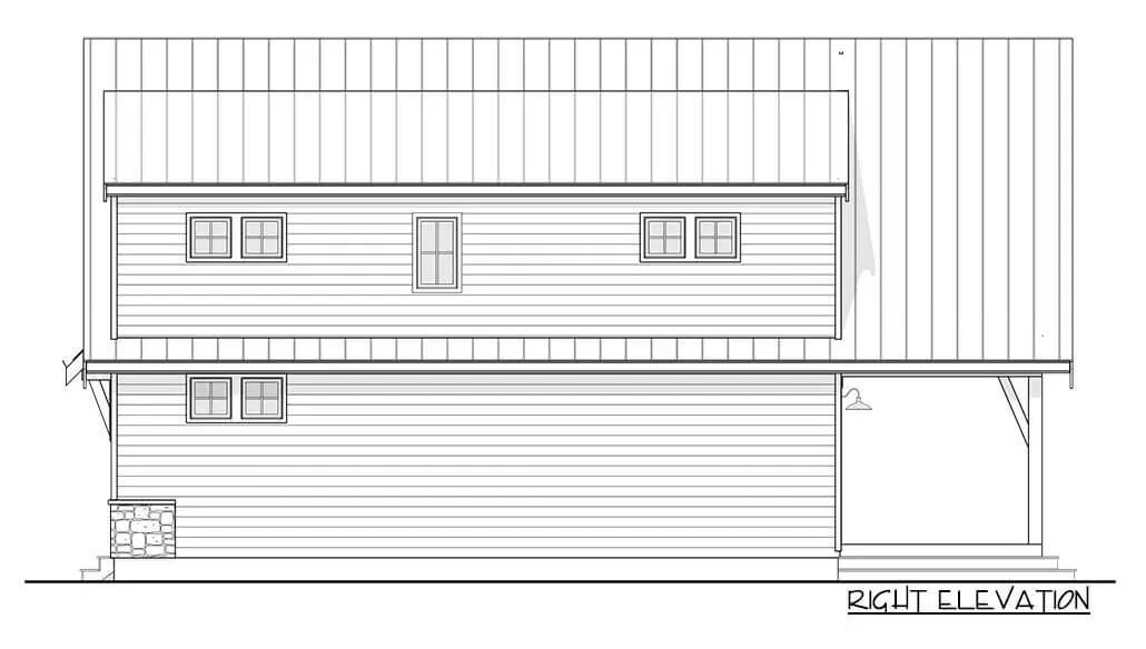 Right elevation sketch of the 3-bedroom mountain style two-story cottage.