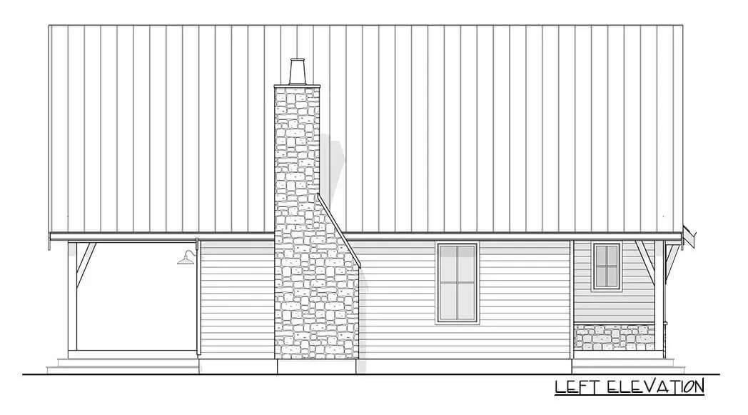 Left elevation sketch of the 3-bedroom mountain style two-story cottage.