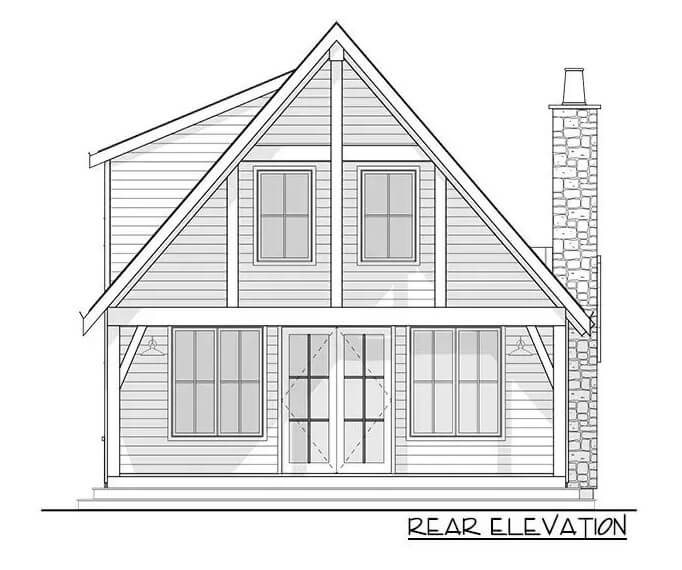 Rear elevation sketch of the 3-bedroom mountain style two-story cottage.