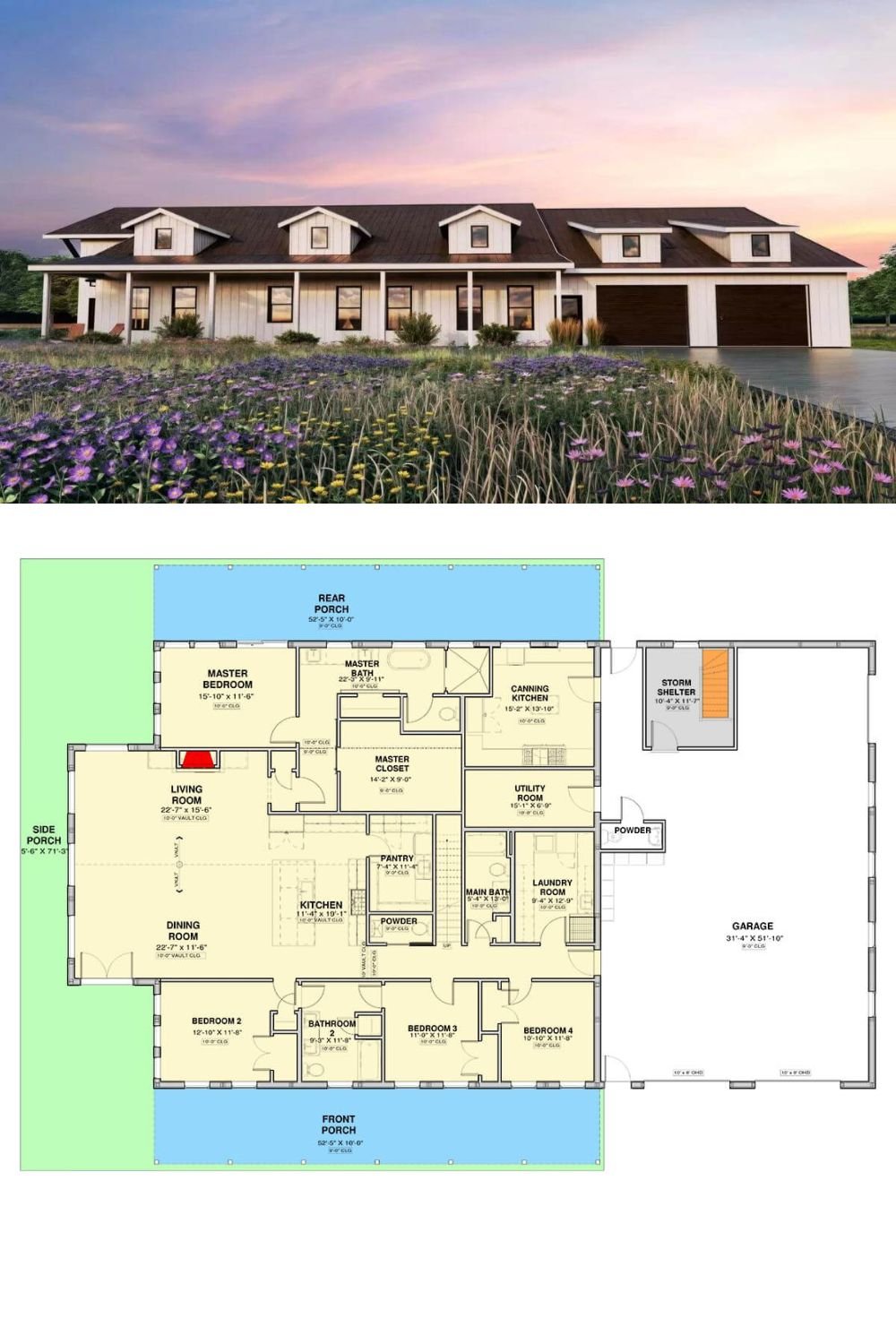 This barndominium style home exudes a country charm with board and batten siding, dormer windows, and a wraparound porch framed by white pillars. It features an oversized 3-car garage with a powder bath and a storm shelter.