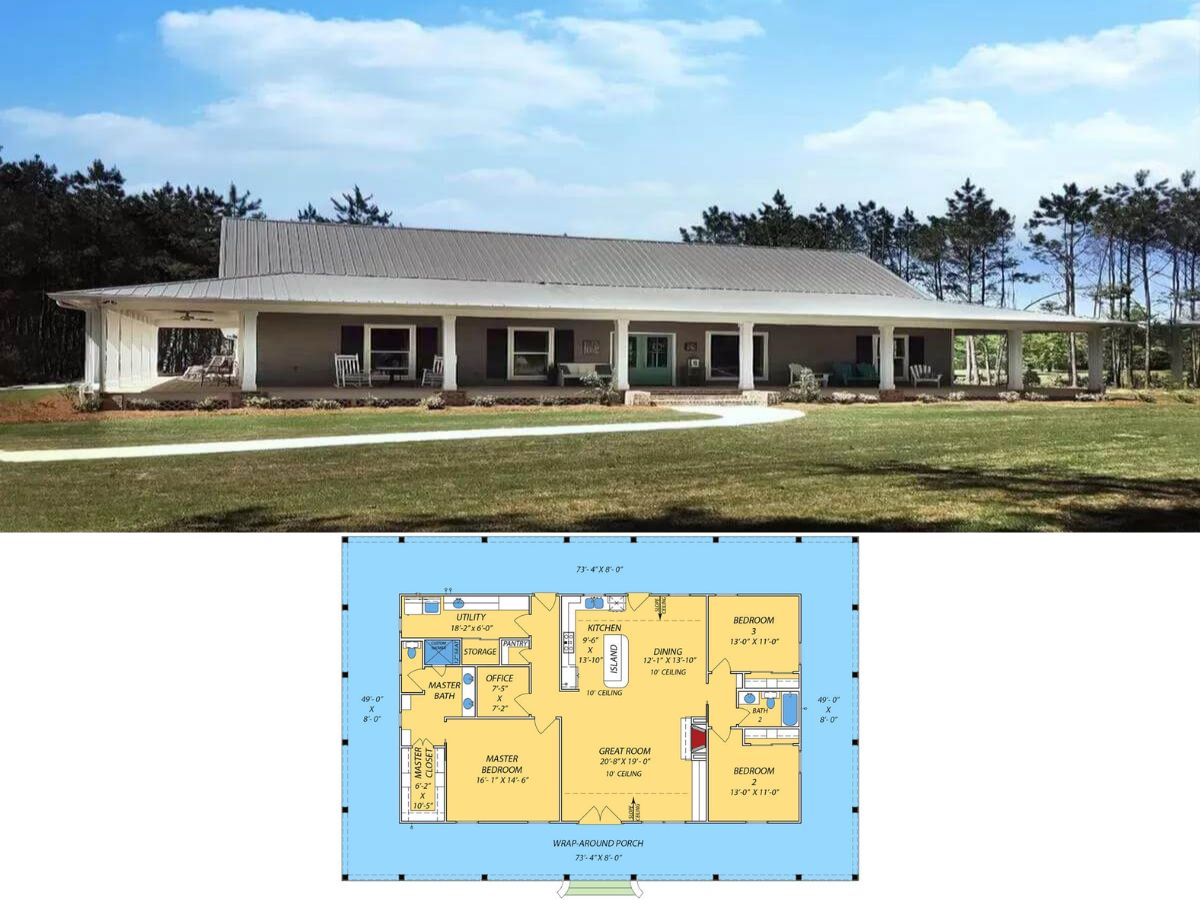 Country Style 3-Bedroom Single-Story Home with Open Living Space and Full Wraparound Porch (Floor Plan)