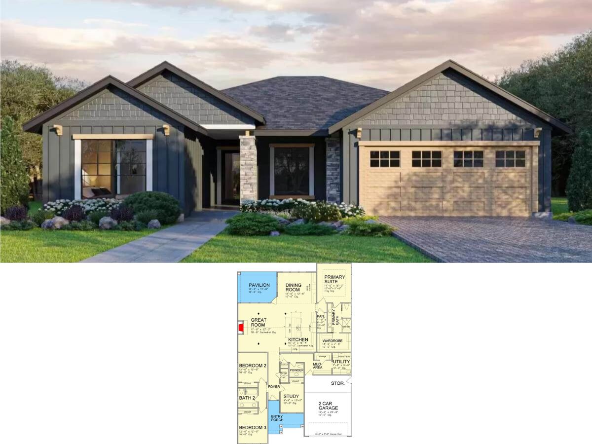 Craftsman Style 3-Bedroom Ranch with Front Porch and Rear Pavilion (Floor Plan)