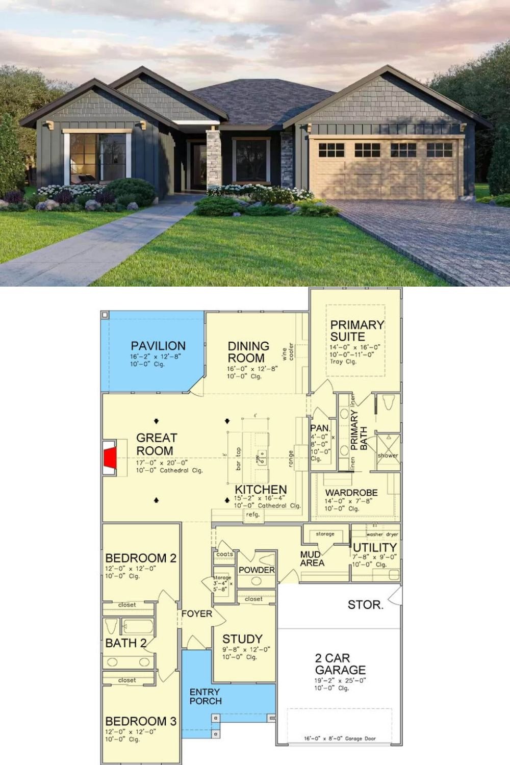 A beautiful blend of board and batten siding, cedar shakes, stone, and natural wood gives this 3-bedroom craftsman ranch an impeccable curb appeal. It includes a 2-car front-facing garage with dedicated storage and mudroom access.
