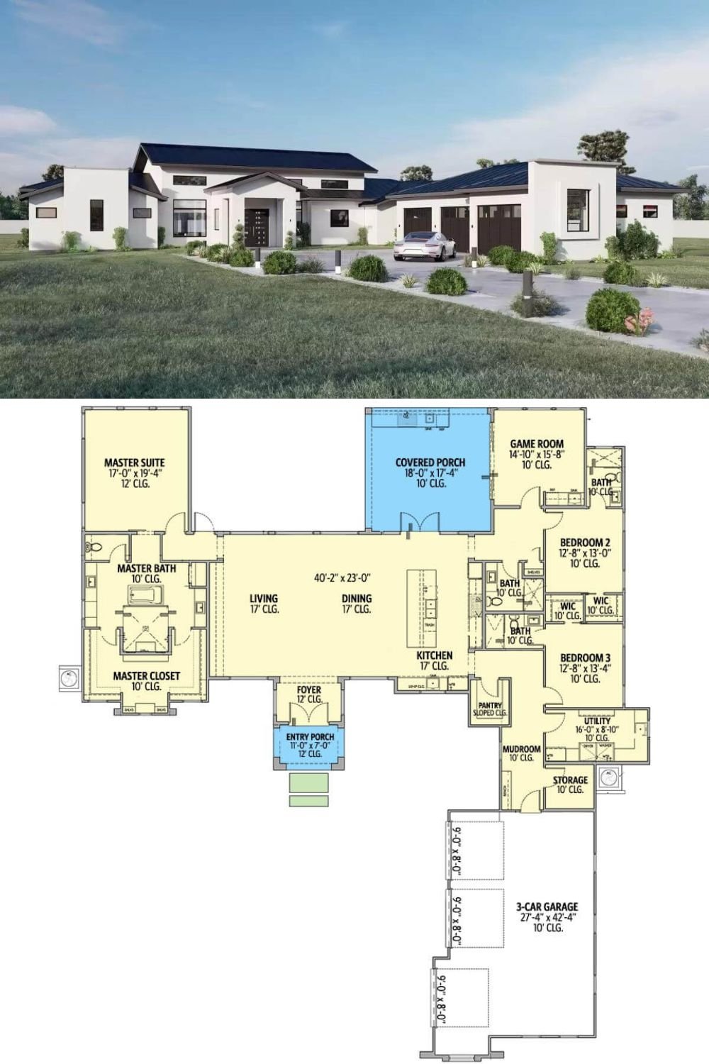 Pristine white stucco exterior, standing seam metal roofs, and a gabled entry embellish this 3-bedroom Hill country home. It features a 3-car side-loading garage that protrudes from the front creating a parking courtyard.