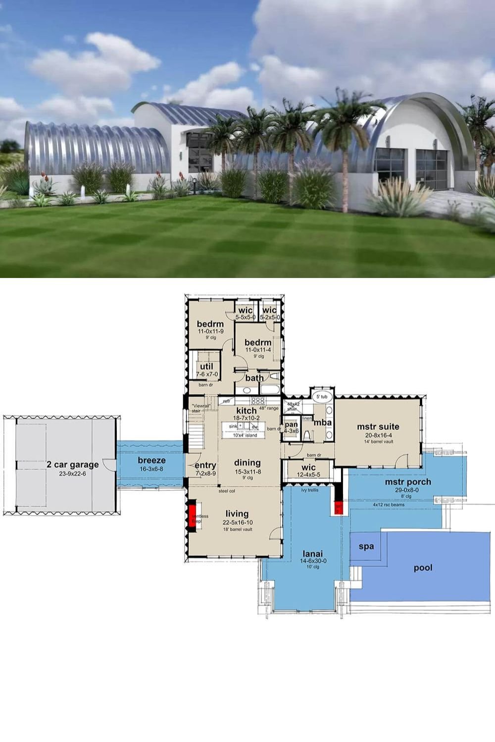 This Quonset hut barndominium is embellished with a white stucco exterior, curved roof forms, and sleek windows that bring abundant sunlight in. It includes a matching detached garage that connects to the home through a covered breezeway.