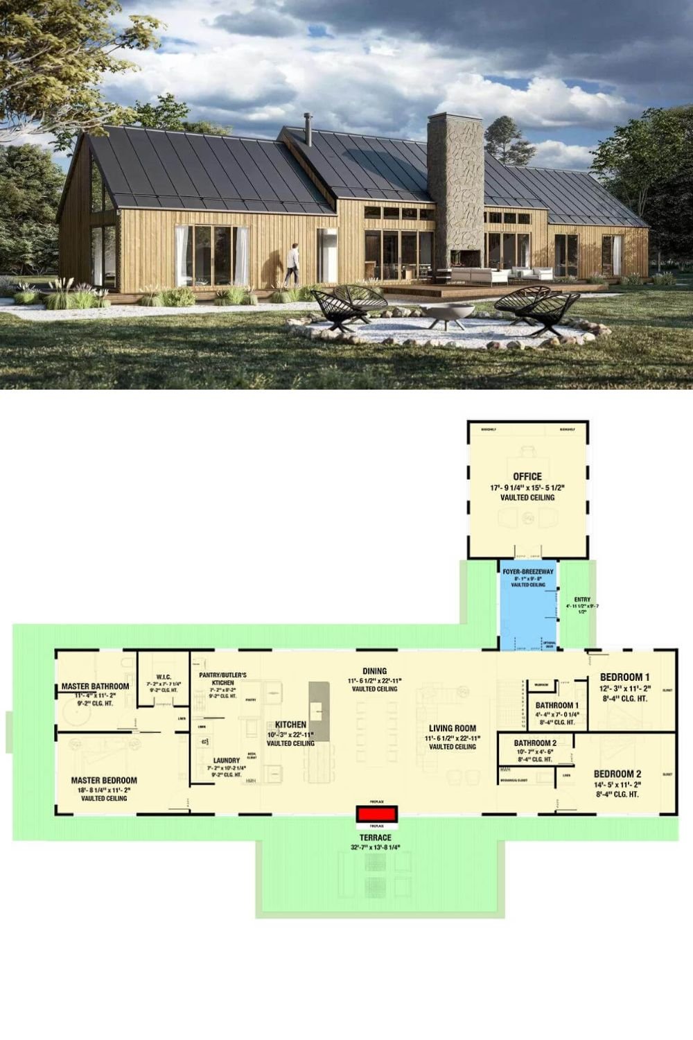 Standing seam metal roofs, natural wood siding, a large stone fireplace, and a wraparound terrace embellish this 3-bedroom Scandinavian home.