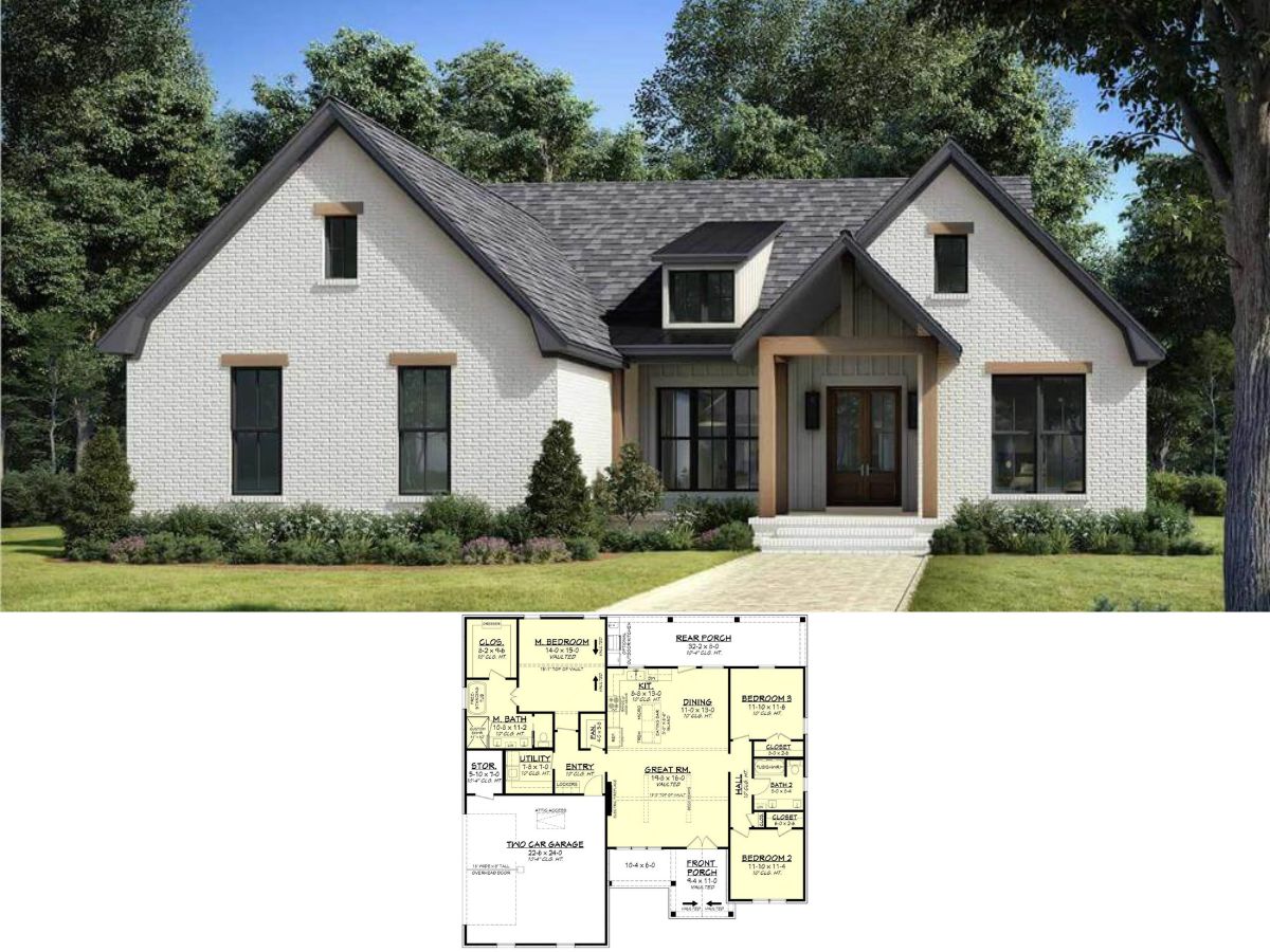 3-Bedroom Transitional Style Single-Story Home for a Corner Lot with Front Porch (Floor Plan)