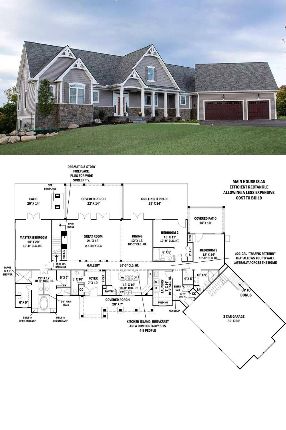 An attractive blend of clapboard siding, stone, and cedar shakes gives this 3-bedroom rustic ranch an exquisite curb appeal. It features an inviting front porch and an angled 3-car garage with a bonus room above that makes a nice in-law suite.