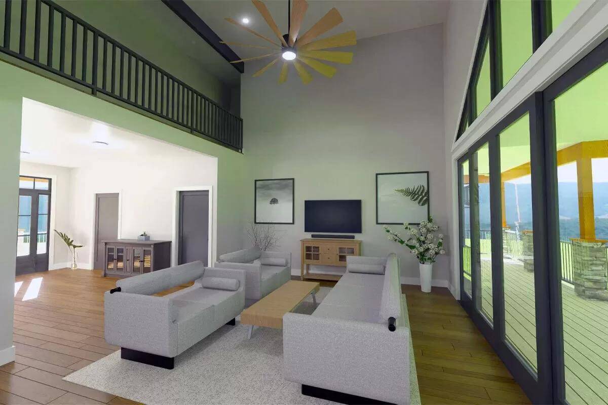 Family room with modern sofas and a wall-mounted TV.