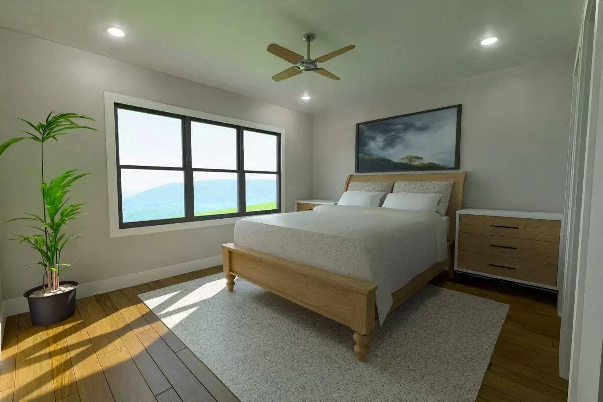 Bedroom with a wooden bed flanked by matching nightstands.
