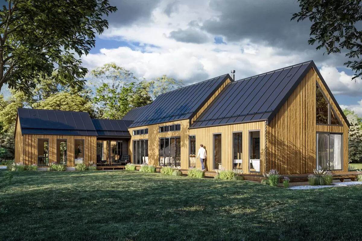 Rear view with gable rooflines and a wraparound terrace.
