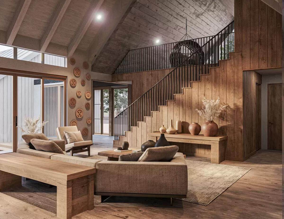 Living room with modern seats and wooden benches.