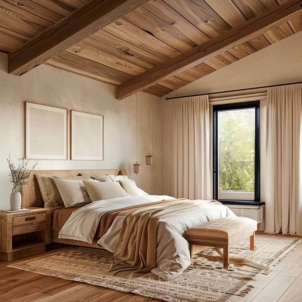 Primary bedroom with a wooden bed and a tufted bench over the tasseled area rug.