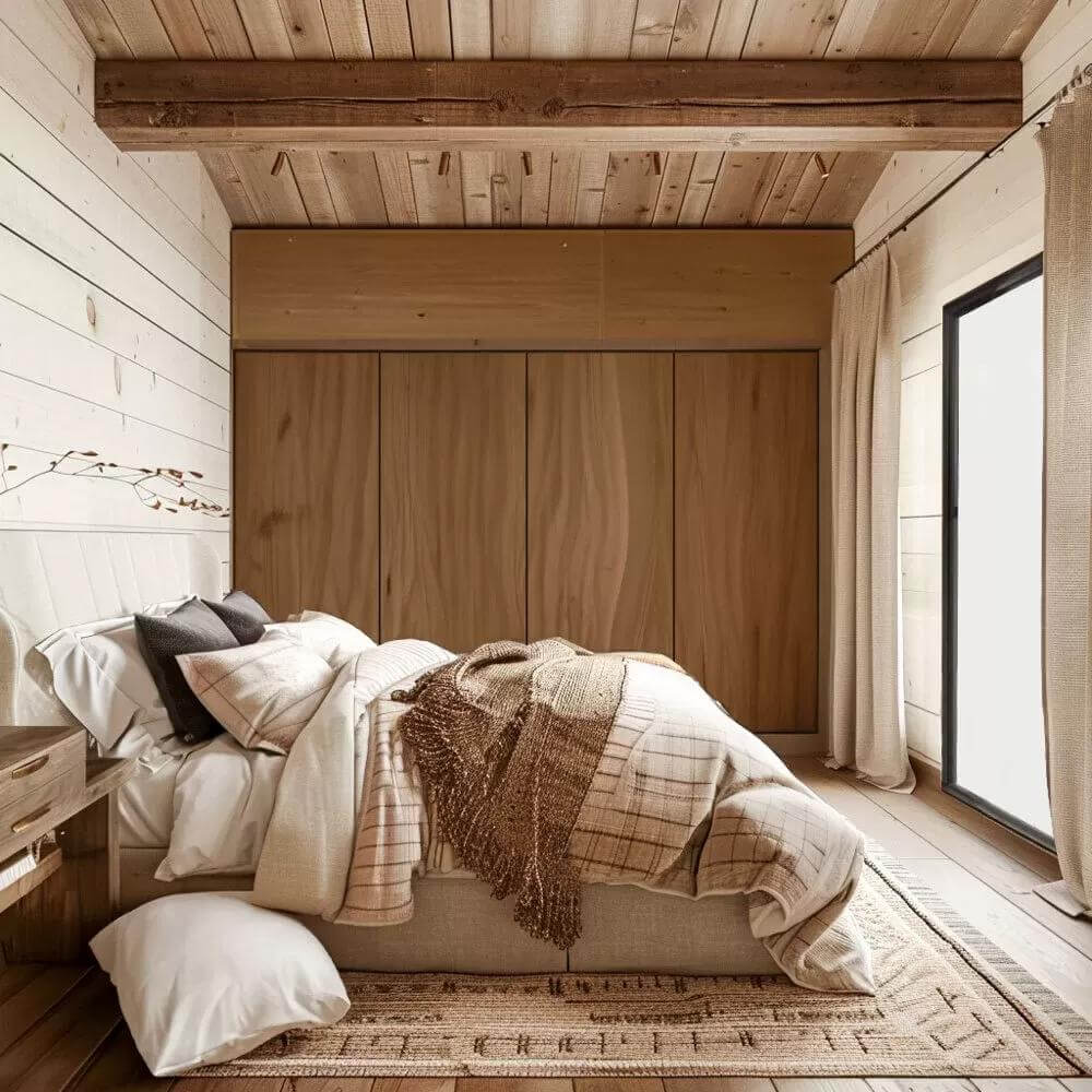 A vaulted ceiling adorned by rustic beams crowns the primary bedroom.