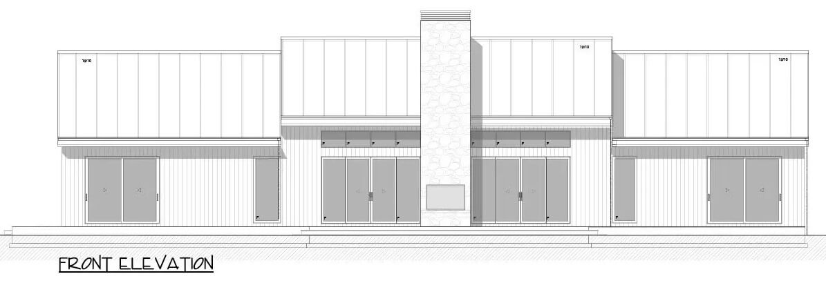 Front elevation sketch of the 3-bedroom Scandinavian home.