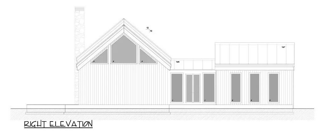 Right elevation sketch of the 3-bedroom Scandinavian home.