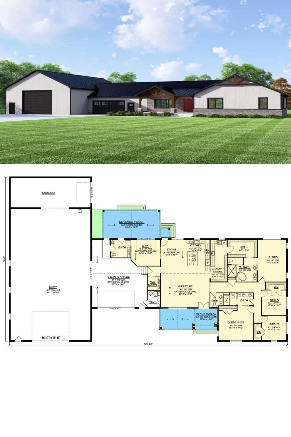 This sprawling barndominium house plan showcases a country charm with board and batten siding, stone accents. and a gabled entry porch highlighted by an exposed truss and timber posts. It features an oversized 3-car garage with ample storage space and an RV bay.