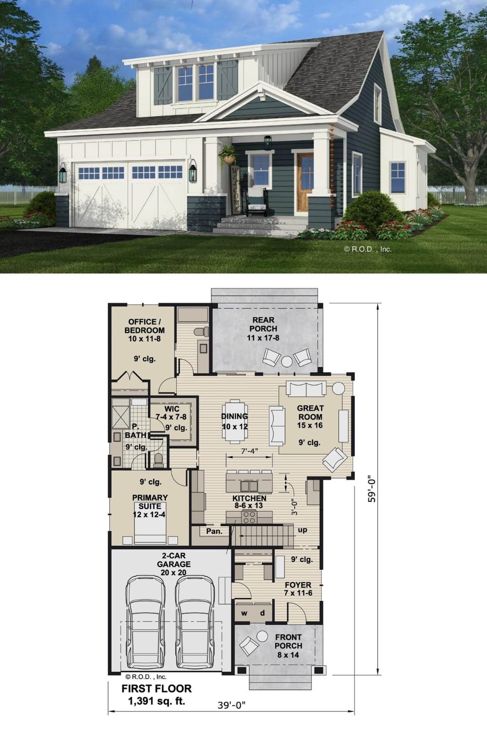 This 4-bedroom craftsman home showcases a charming facade with painted clapboard siding, a gabled entry porch, and a large shed dormer accentuated by exposed rafters and barn shutters. It includes a double front-facing garage that enters the home through the mudroom.