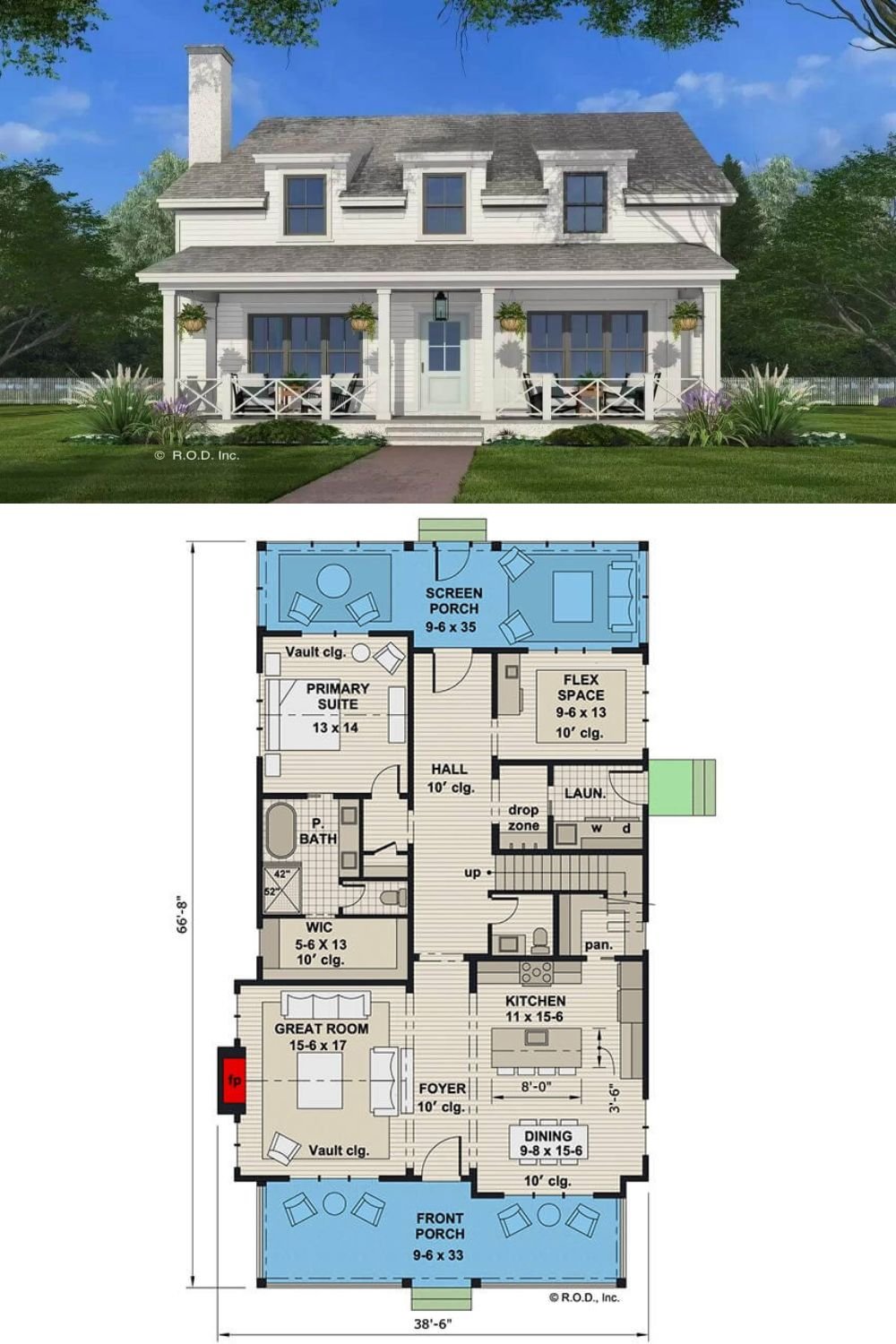 This 4-bedroom farmhouse exudes a timeless charm with classic clapboard siding, three shed dormers, a stone chimney, and a welcoming front porch bordered by decorative railings and columns.