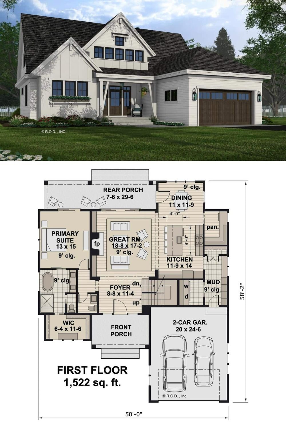 This 4-bedroom farmhouse is embellished with vertical and horizontal siding, gable brackets, and a covered entry porch framed by painted timbers. A double front-loading garage enters the home through the mudroom.