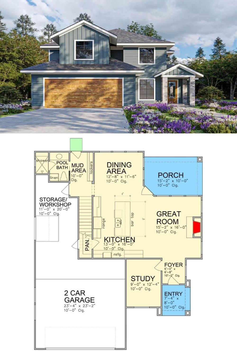 Vertical and horizontal siding, hipped rooflines, and a gabled entry lined by stone pillars give this 4-bedroom New American home a great curb appeal. It features an oversized double garage with storage/workshop space and mudroom access.