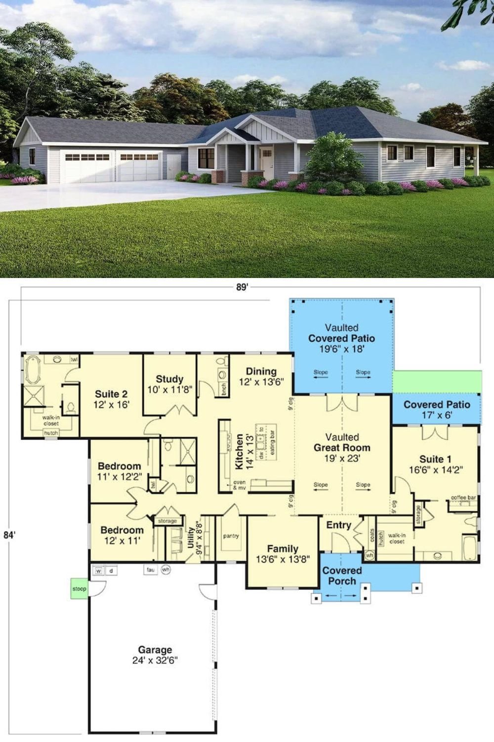 Horizontal lap siding, multiple gables, and a welcoming front porch supported by brick base pillars grace this 4-bedroom ranch. It includes a 2-car side-loading garage with laundry nook and direct access to the utility room.