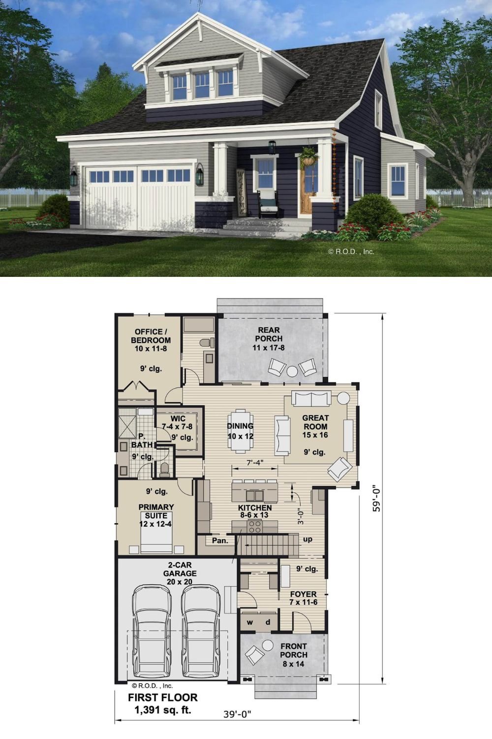 This 4-bedroom bungalow features a timeless elegance with clapboard siding, decorative gable brackets, and an inviting front porch lined by double columns. A double garage enters the home through the laundry room.