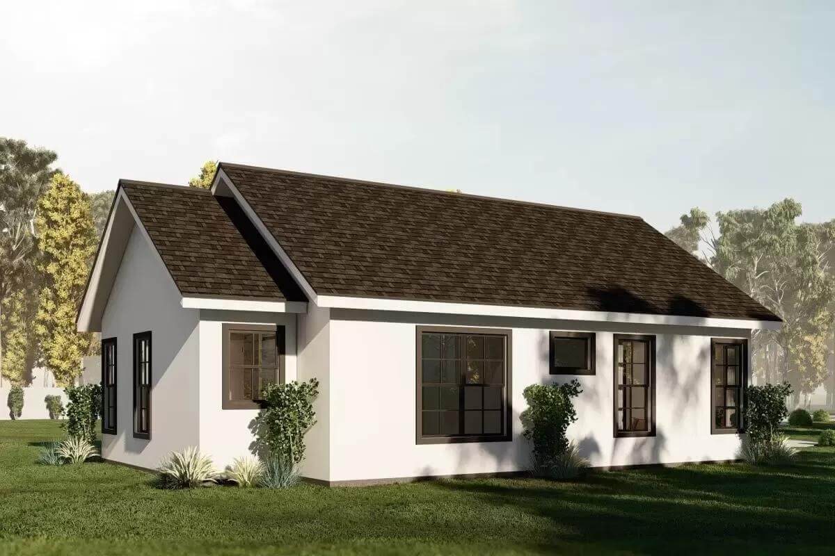 Left-rear view with black-framed windows and gable rooflines.