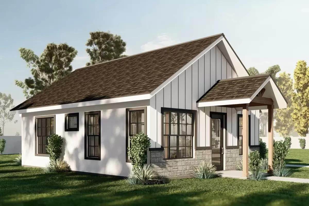 Front-left view with a gabled porch and large windows.