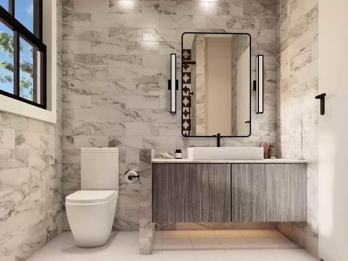 Primary bathroom with a large window and a floating vanity topped by a vessel sink.