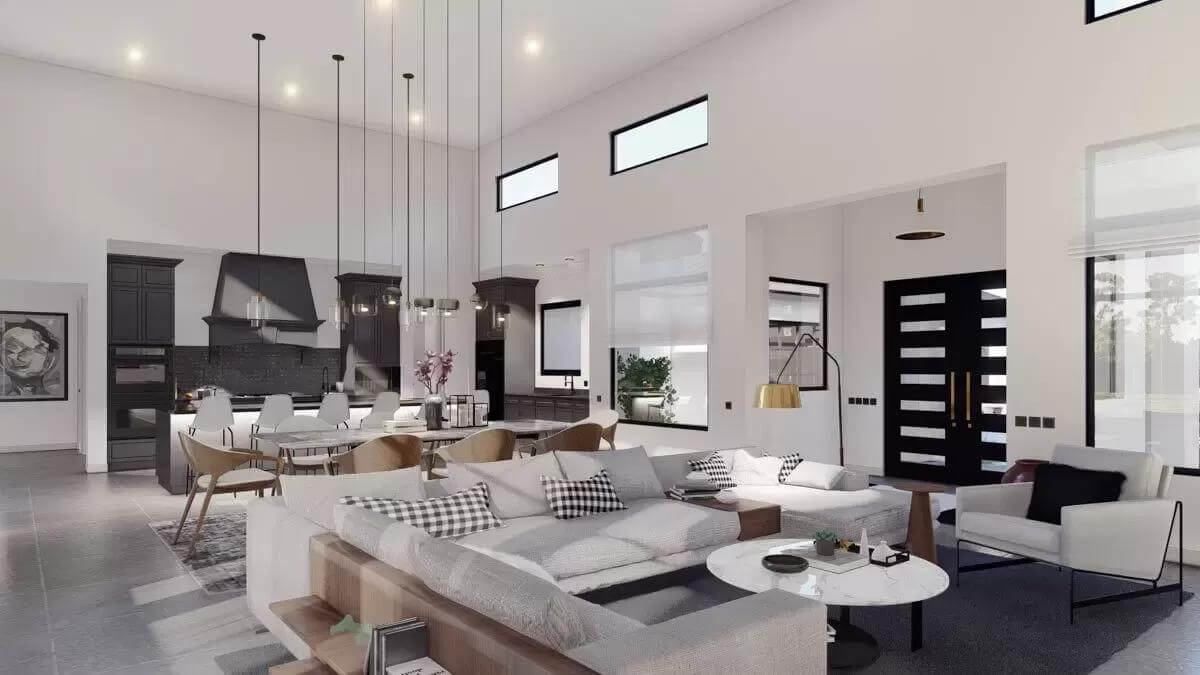 An open layout view of the living room, dining area, and kitchen.
