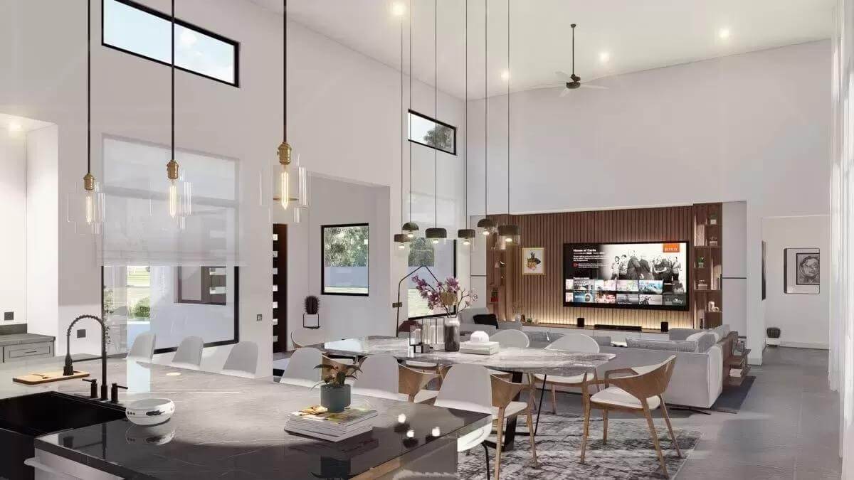 View of the dining and living rooms from the kitchen.