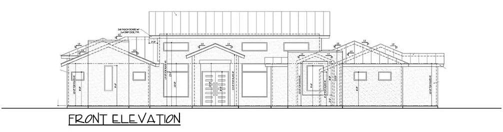 Front elevation sketch of the 3-bedroom Hill country home.