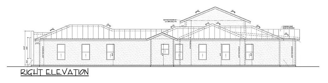 Right elevation sketch of the 3-bedroom Hill country home.