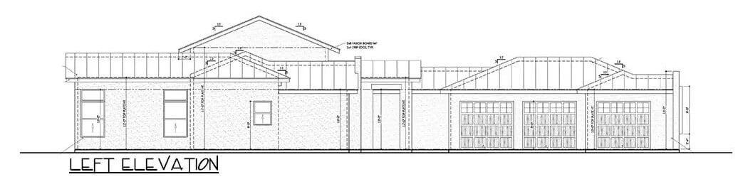 Left elevation sketch of the 3-bedroom Hill country home.