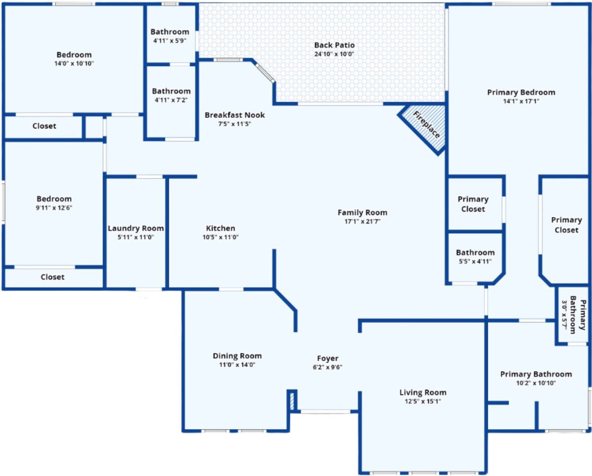 A floor plan with bedrooms, bathrooms, closets, a foyer, a living room, a dining room, a kitchen, a family room, and a breakfast nook.