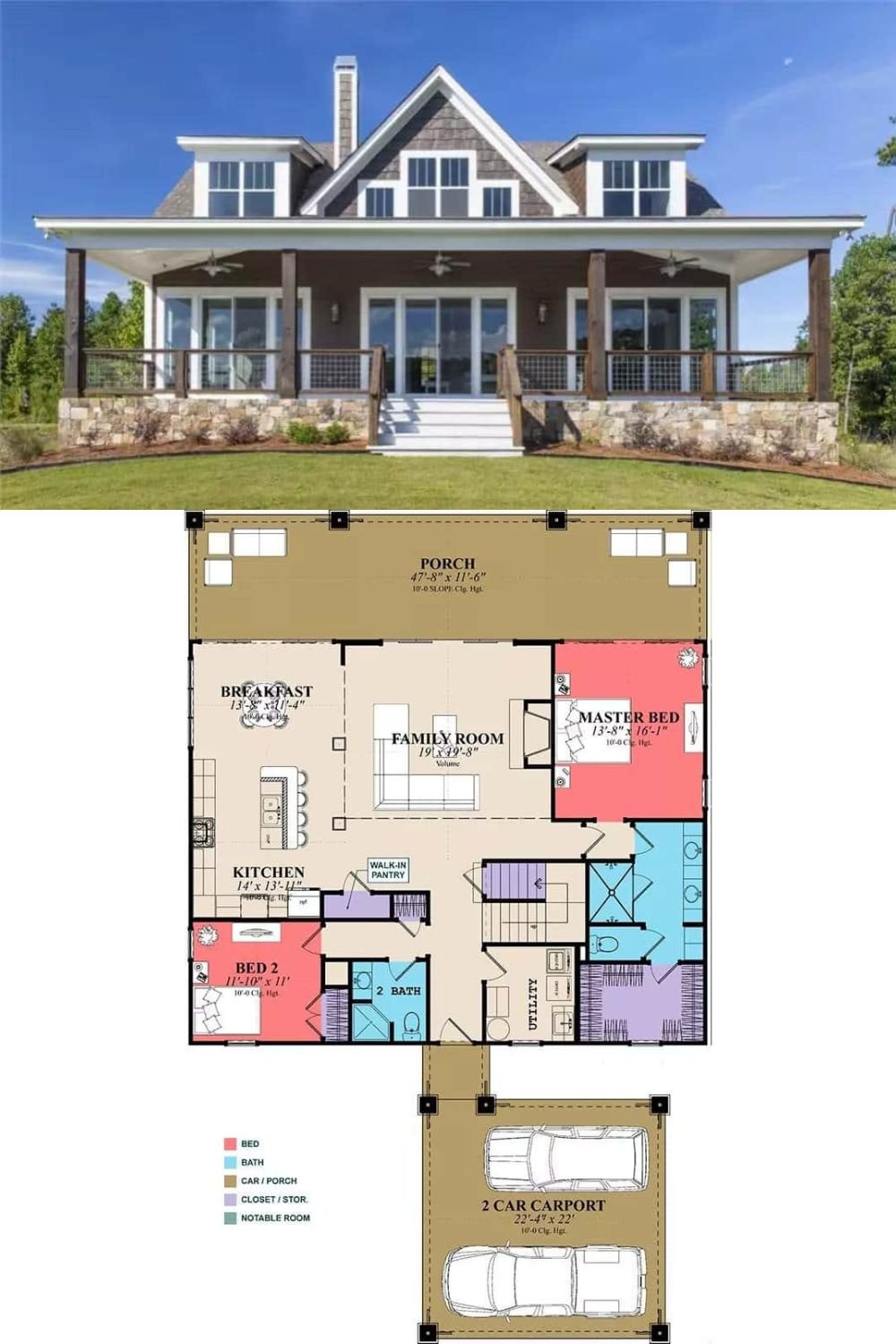 A mixture of stone, clapboard siding, and cedar shakes adorn this 4-bedroom beach house. A welcoming front porch topped by twin shed dormers adds to the home's curb appeal.