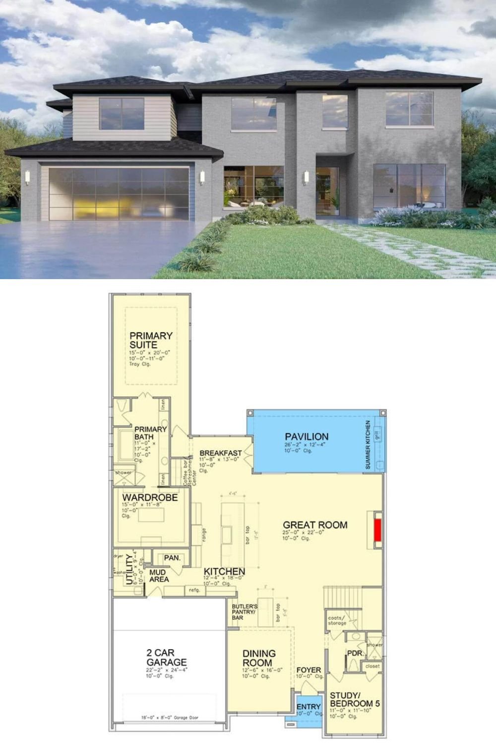 Brick and siding, hipped rooflines, and huge windows that bring in ample natural light embellish this 5-bedroom contemporary home. It includes a 2-car front-facing garage that connects to the home through the mudroom.